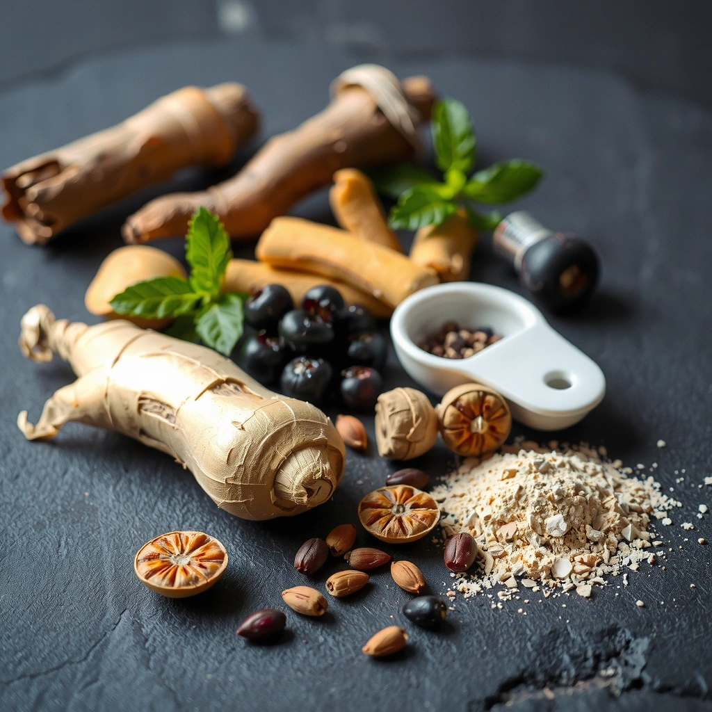Raw natural ingredients displayed on slate surface